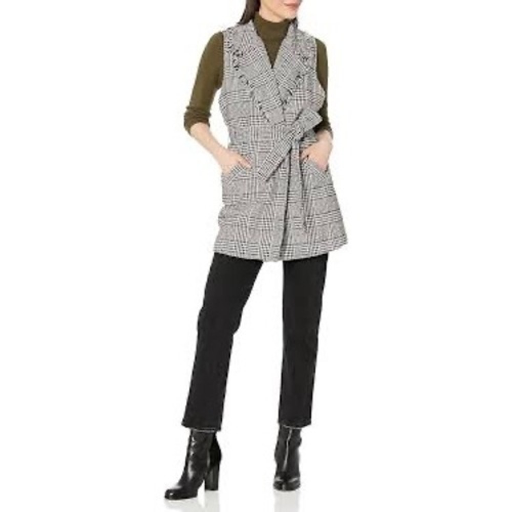 Democracy Women's M Wool‎ Blend Belted Plaid Vest Pockets Teacher Comfy Boho